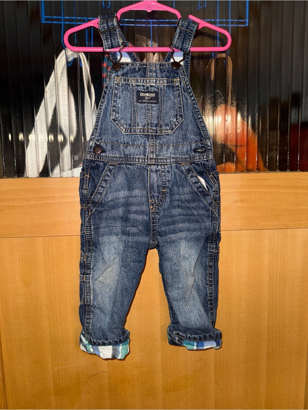 Oshkosh B'gosh Denim Overalls 12 months Plaid Flannel Lining Vest Bak Blue